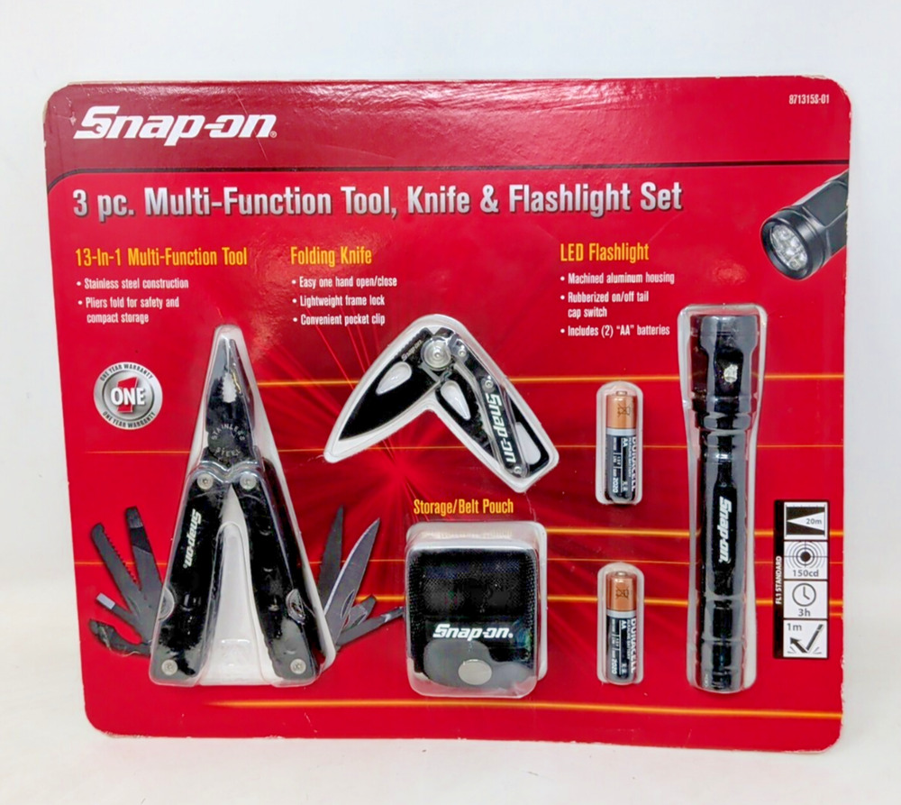 Snap-on 3 Piece Multi Tool, Folding Knife & Flashlight Set New Sealed